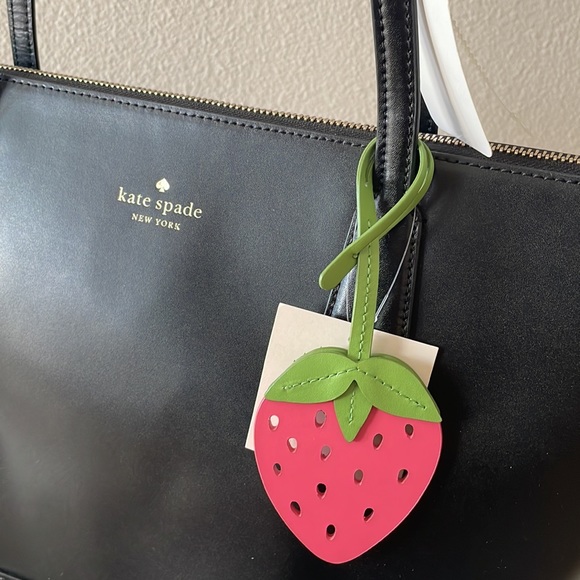 ❌SOLD❌ Kate Spade Braelynn black leather tote bag w strawberry bag charm NWT - Picture 7 of 14
